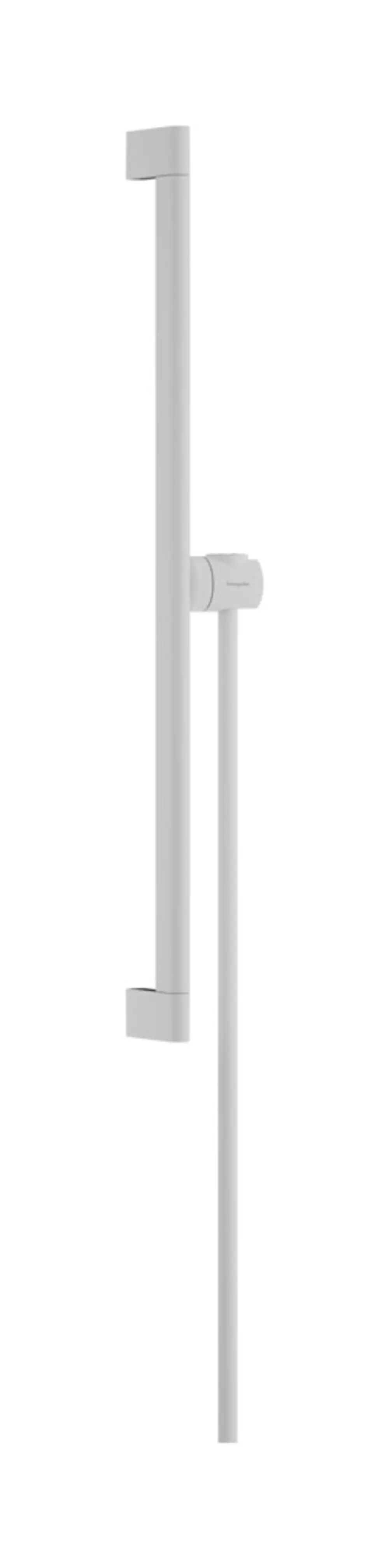 Weißer Brausestangenhalter von Hansgrohe, vertikal montiert, mit Halterung für Handbrause und Schlauch, schlichtes Design ohne weitere Details.